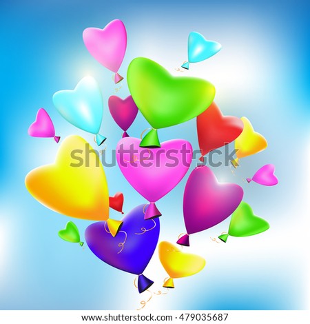 Vector colorful balloons in the sky. Greeting card for Saint Valentine Day, Birthday, any holiday. Flying heart balloons for decor and design.  Abstract background of flying balloons.
