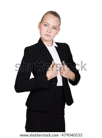 Little business woman. Studio portrait of child girl in business style. Studio isolated on a white background.