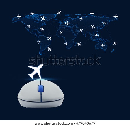 Wireless computer mouse with plane icon and world map with flight routes airplanes on blue background, Airplane transportation concept, Elements of this image furnished by NASA
