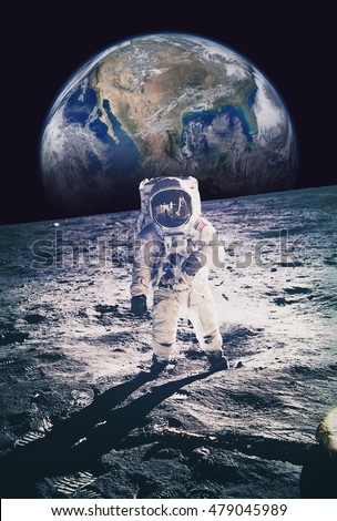 Astronaut walking on moon with earth in background. Elements of this image furnished by NASA Royalty-Free Stock Photo #479045989