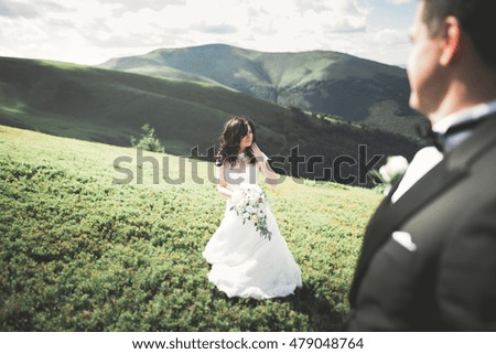 Beautiful wedding couple, bride and groom, in love on the background of mountains