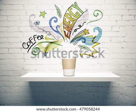 Take away coffee cup with drawings and text on white brick wall background