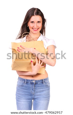 Picture of lovely woman with biodegradable shopping bag. Isolated on white.