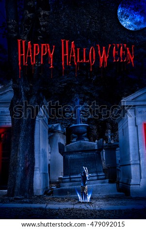 Cemetery Happy Halloween background with graves and zombie hand 
