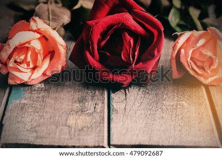 Roses wither on the old wooden floor.