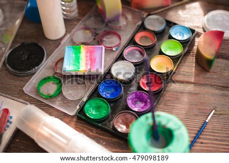 oil paints and paint brushes on a palette 