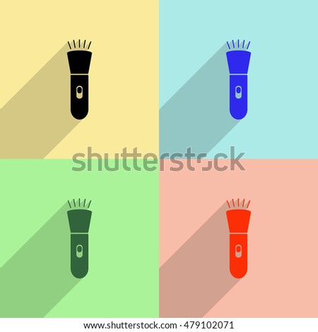 Flashlight vector icon - colored set with  long shadow