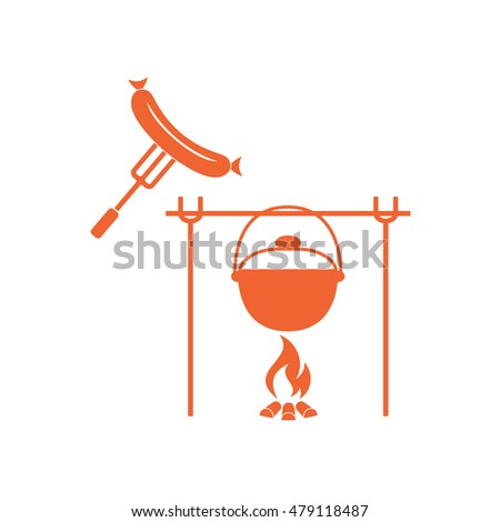 Fire, pot and sausage icon. Vector illustration.

