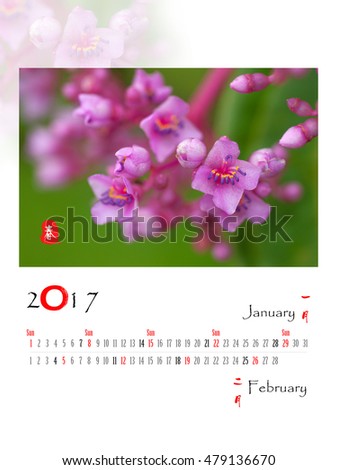 Calendar 2017 with flowers background in oriental style, January and February
Translation: spring