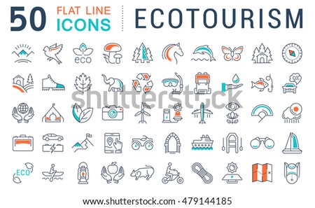 Set vector line icons in flat design eco, ecotourism and recycle with elements for mobile concepts and web apps. Collection modern infographic logo and pictogram.