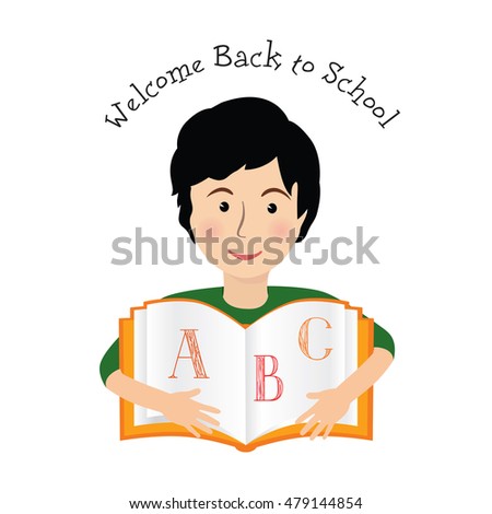 Cheerful smiling little boy with learning book on white background. Looking at camera. Back to school concept