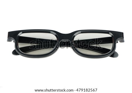 Stacked plastic 3D glasses for cinema on a white background