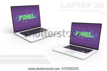 A illustration of 3D black and white perspective laptop set with green pixel text