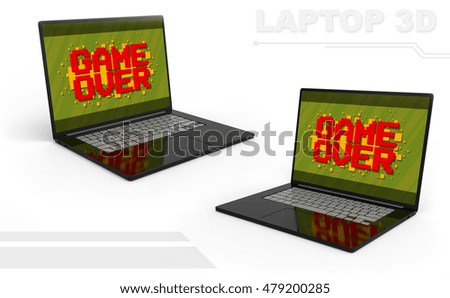 A illustration of 3D black perspective laptop set with grey buttons and Pixel game over screen