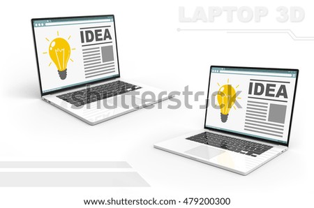 A illustration of 3D black and white perspective laptop set with light bulb idea interface