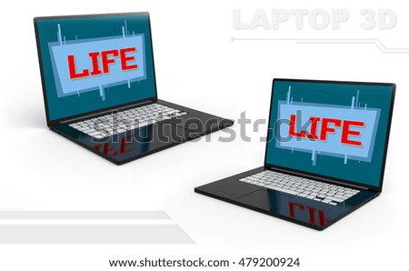 A illustration of 3D black perspective laptop set with white buttons and red pixel life icon