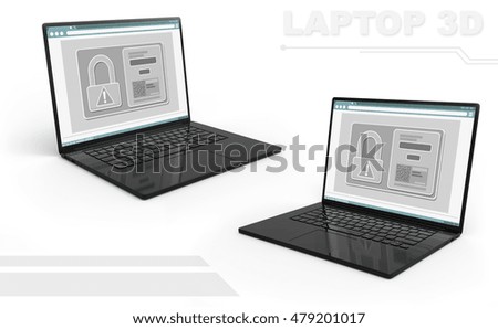 A illustration of 3D render of black perspective laptop set with lock icon and QR code