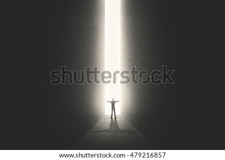 Man getting out from the darkness opening door Royalty-Free Stock Photo #479216857