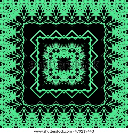 Square of decorative,abstract,floral elements, green pattern  on black background.
