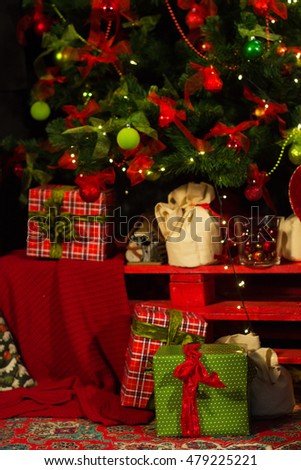 Christmas tree, new year, balloons, Santa Claus, fireplace