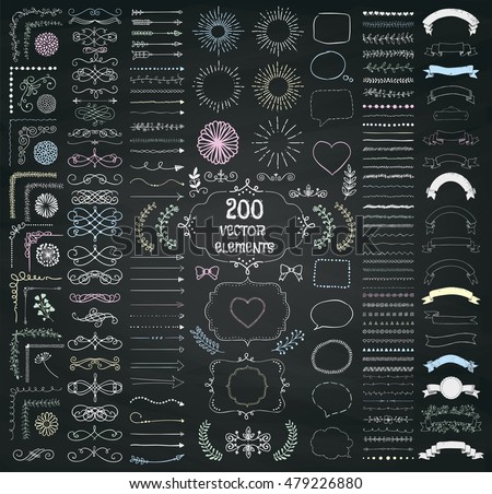 Set of 200 Hand Drawn Doodle Design Elements. Rustic Decorative Line Borders, Dividers, Arrows, Swirls, Scrolls, Ribbons, Banners, Frames Corners Objects on Chalkboard Texture. Vector Illustration