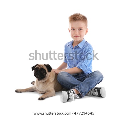 Cute boy with pug dog, isolated on white