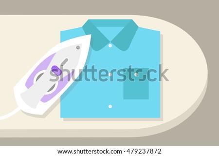 Top view illustration: ironing the clothes / editable vector cartoon