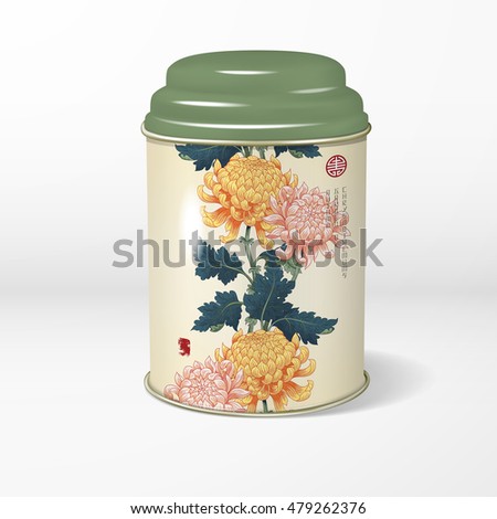 3D vector round tin packaging with a figured cover. Tea, coffee, dry products. Pattern with chrysanthemum flowers. Japanese style. Inscription Autumn garden of chrysanthemums. Place for your text.