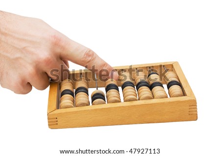 hand and a wooden Abacus isolated on  white background