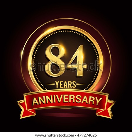 84th golden anniversary logo with ring and red ribbon. Vector design template elements for your birthday celebration.