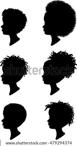 African American Children Profile Silhouettes - Vector Illustration