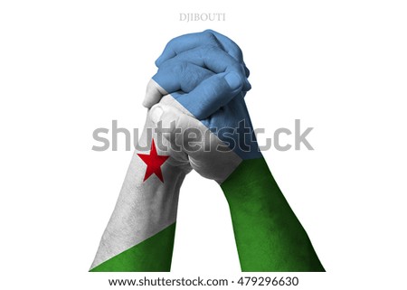 Man clasped hands patterned with the DJIBOUTI flag