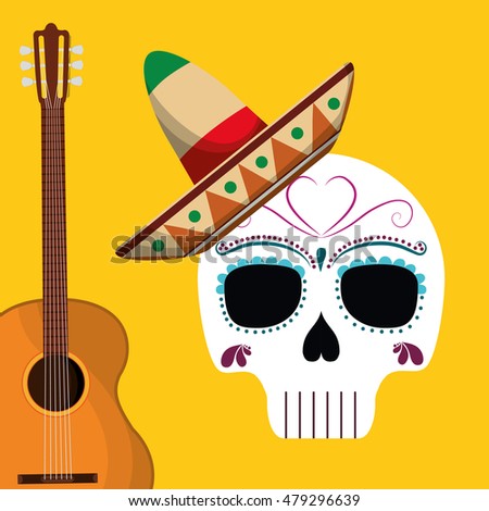 Skull hat and guitar. Mexico landmark and mexican culture theme. Colorful design. Vector illustration