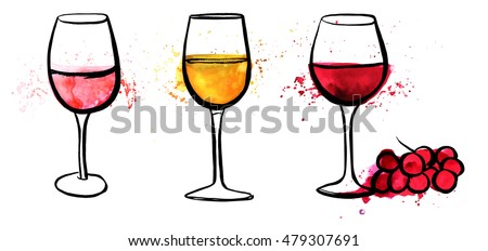 A vector and watercolor freehand drawing of glasses of red, white, and rose wine, with grapes and splashes of paint, on white background