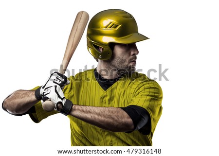 Baseball Player with a yellow uniform on a white background.