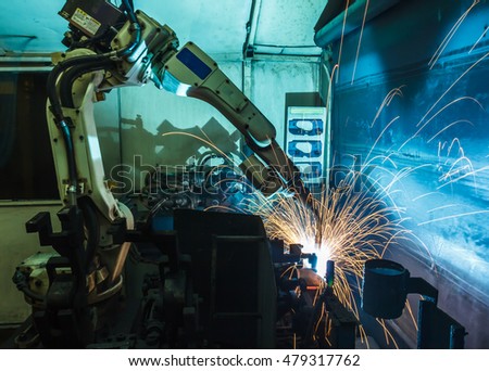 Welding robots movement in a car factory