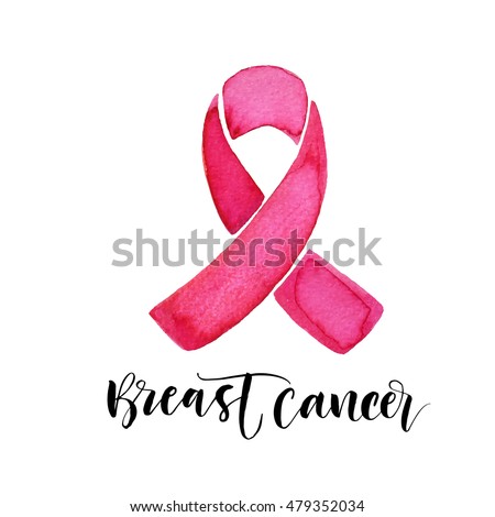 Breast cancer card. Awareness month ribbon. Ink illustration. Modern brush calligraphy. Isolated on white background. 