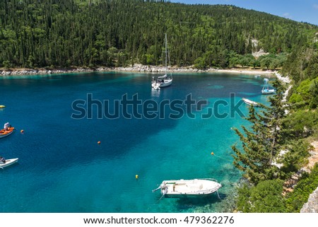 Blue waters of Foki Fiskardo Beach, Kefalonia, Ionian islands, Greece