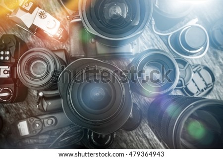 Photography Is My Passion. Professional Photography Equipment on the Table. Lenses, Cameras and Other Equipment For a Pro Photo Shooting.