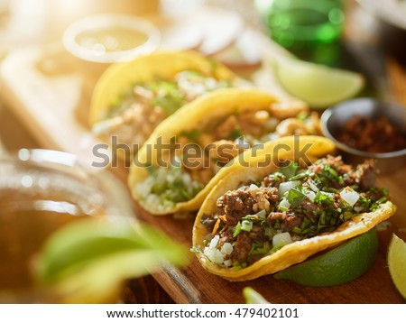 three types of mexican street tacos with barbacoa, carnitas and ChicharrÃ?Â³n, shot with lens flare and selective focus