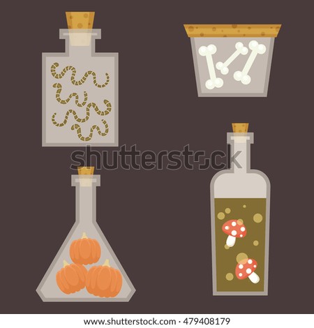Set of bottles with poison ingredients. Halloween themed. Flat cartoon style. Vector illustration. Eps 10
