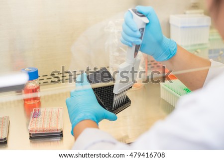Laboratory scientist working at lab with test tubes coronavirus/covid-19/ science laboratory test tubes/the research of cancer stem cells. Royalty-Free Stock Photo #479416708