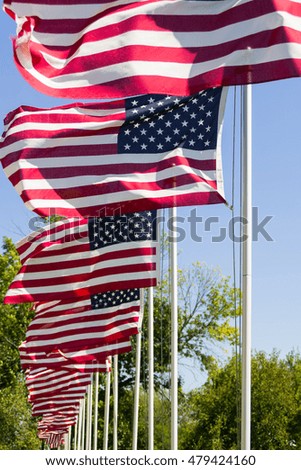 American flags waving in the afternoon wind.