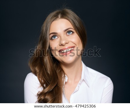 Happy woman face  isolated portrait. Smiling girl with long hair.