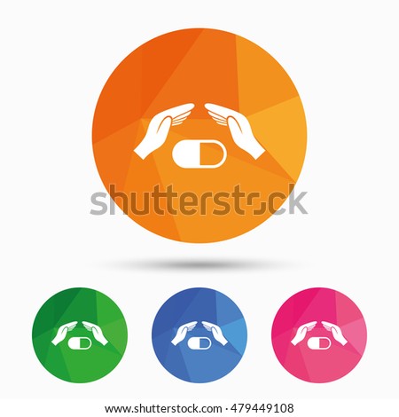 Medical insurance sign icon. Hand holds pill drugs. Health Insurance. Triangular low poly button with flat icon. Vector