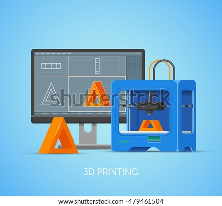 3D printing vector concept poster in flat style. Design elements and icons. Industrial 3D printer print objects from computer model. Royalty-Free Stock Photo #479461504