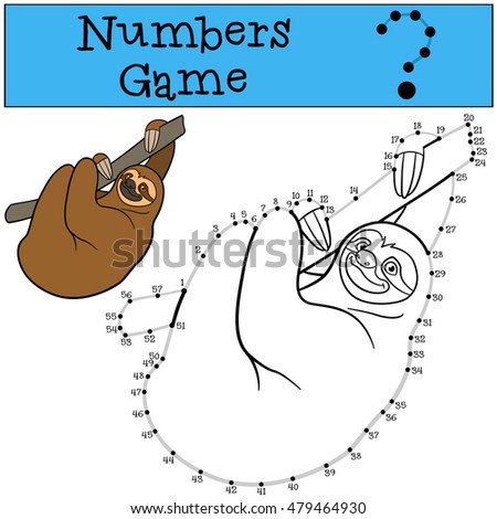 Educational game: Numbers game with contour. Cute lazy sloth hangs on the tree branch and smiles.
