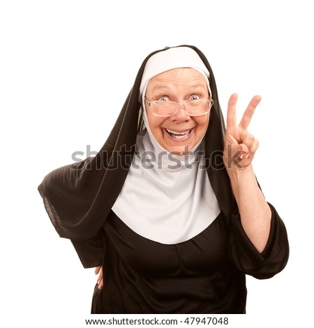 Funny nun on white background making peace sign
