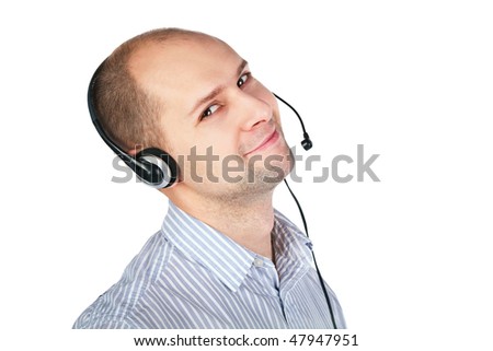 Young adult balding man with headset with a boom microphone