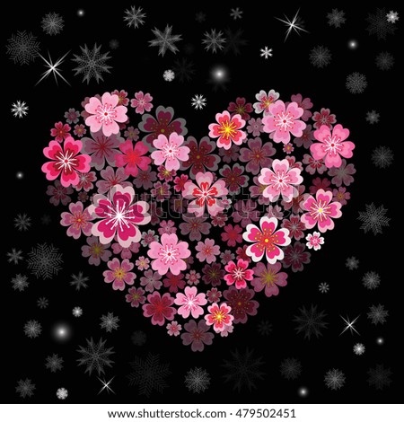 Heart with 3d effect. Flower heart with Snowflakes. Christmas background. 